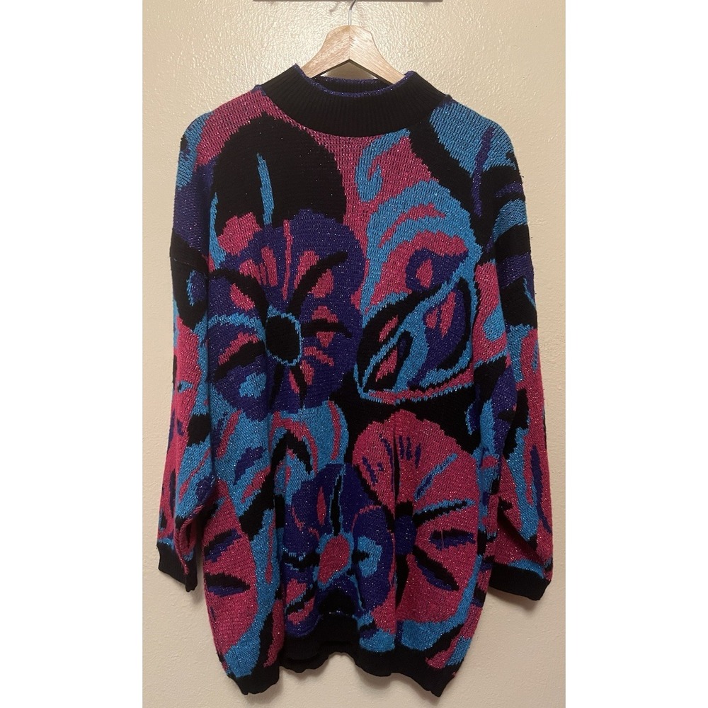 Vtg 80s Distinctly Different Glitter Sparkle Sweater Floral Pink Purple Black‎